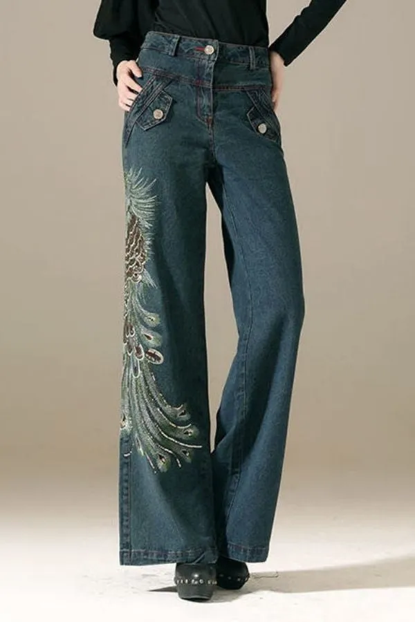 High Waisted Embroidery Jeans