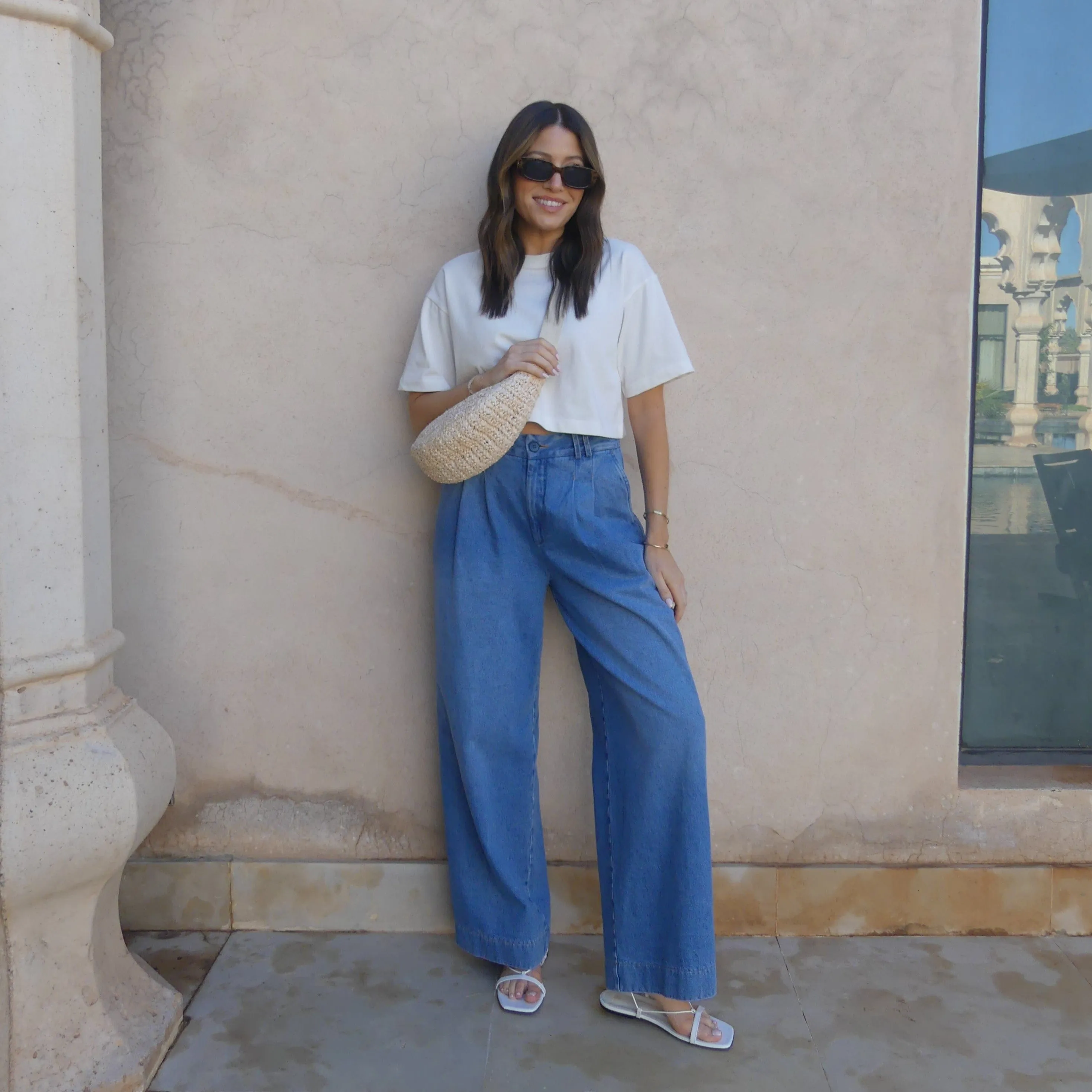 HIGH WAISTED WIDE LEG DENIM JEANS - BLUE