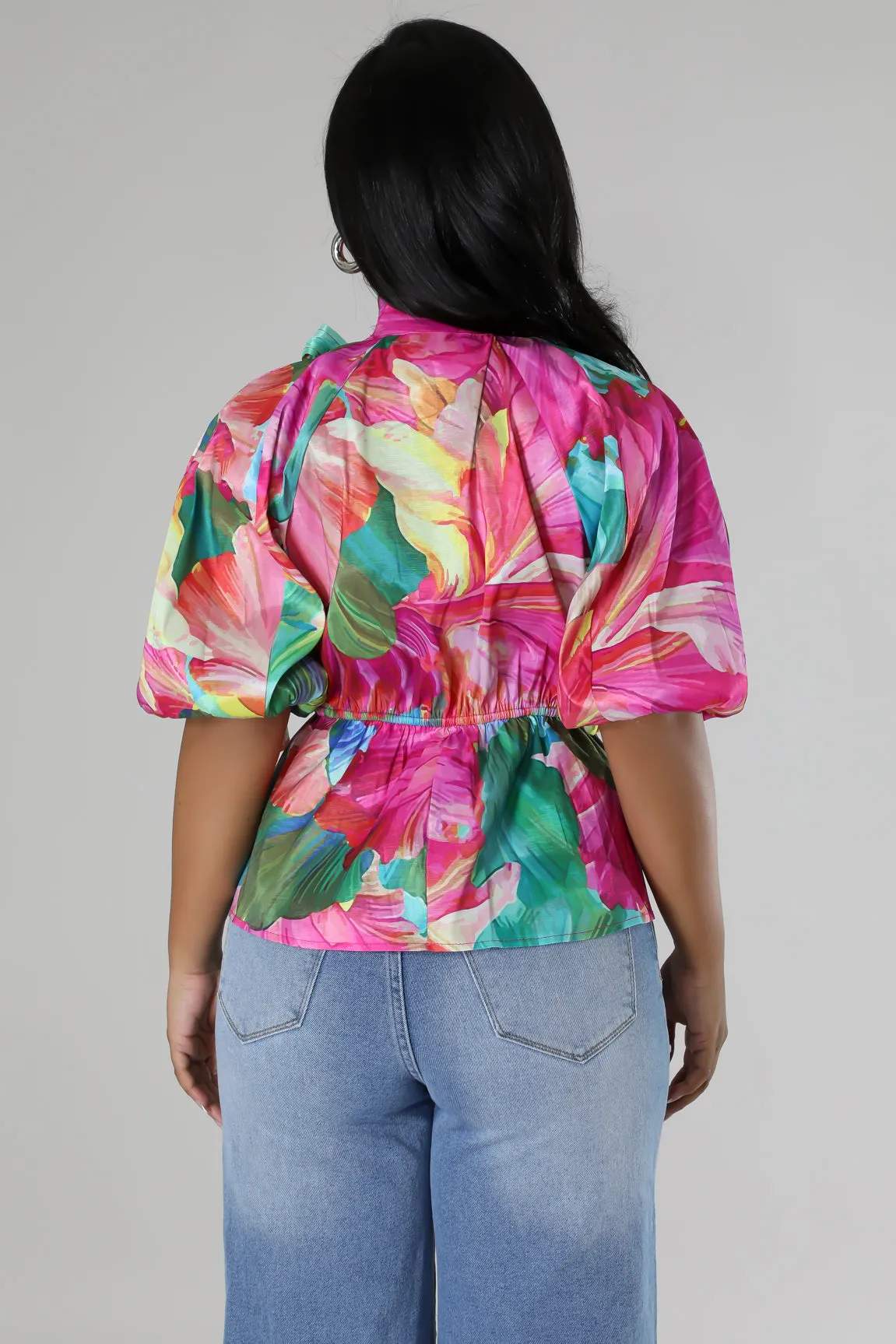 HT720PP - PRINT TAFFETA PEPLUM TOP