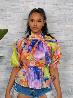 HT720PP - PRINT TAFFETA PEPLUM TOP
