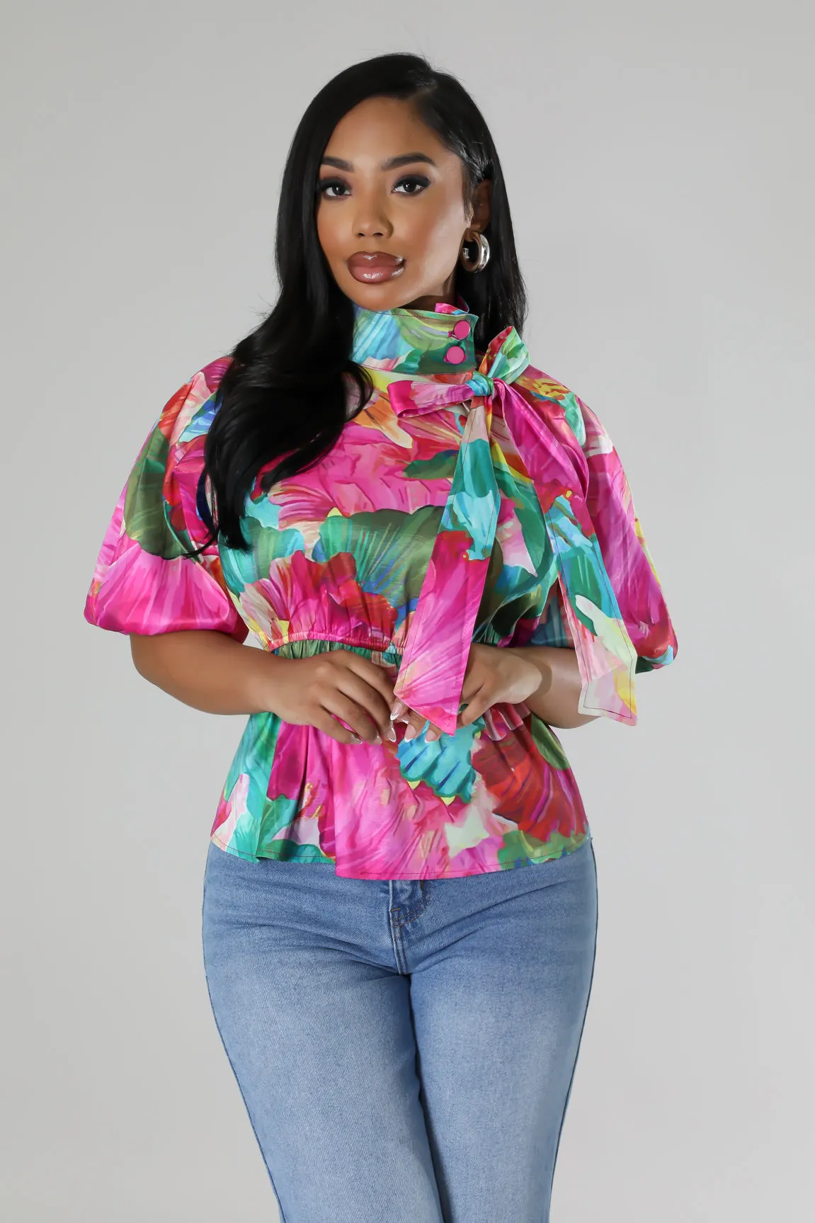 HT720PP - PRINT TAFFETA PEPLUM TOP