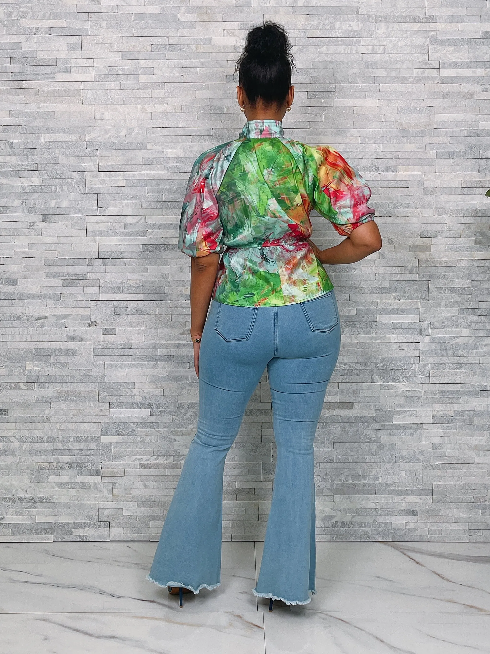 HT720PP - PRINT TAFFETA PEPLUM TOP