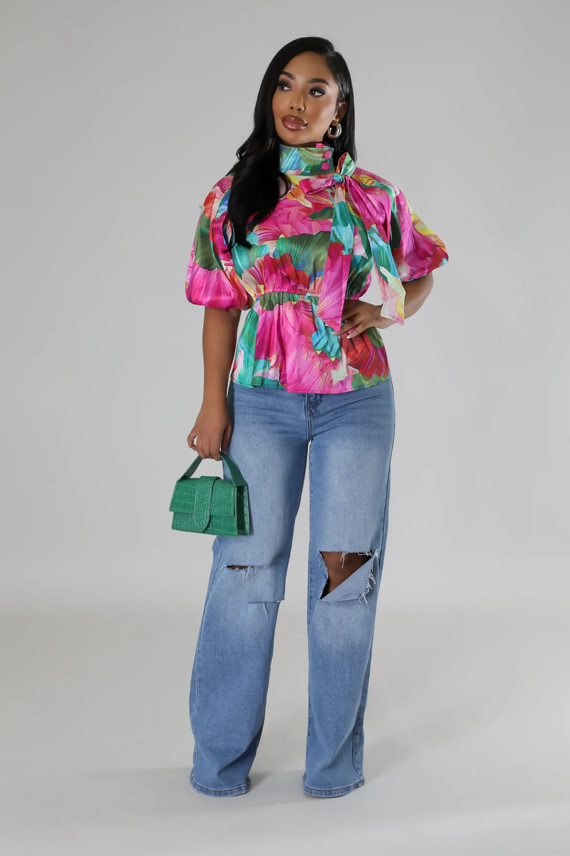 HT720PP - PRINT TAFFETA PEPLUM TOP