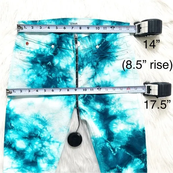 Hudson Tie Dye Colorful Marbled Teal Blue White Slim Straight Roll Cuff Jeans