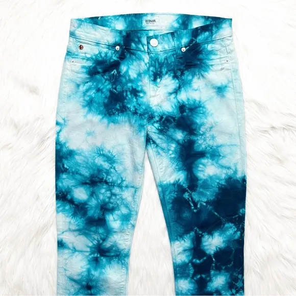 Hudson Tie Dye Colorful Marbled Teal Blue White Slim Straight Roll Cuff Jeans