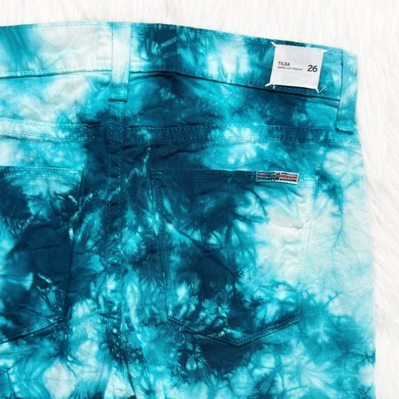 Hudson Tie Dye Colorful Marbled Teal Blue White Slim Straight Roll Cuff Jeans