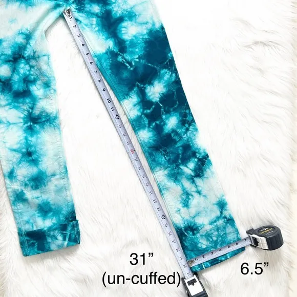 Hudson Tie Dye Colorful Marbled Teal Blue White Slim Straight Roll Cuff Jeans