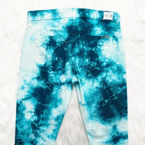 Hudson Tie Dye Colorful Marbled Teal Blue White Slim Straight Roll Cuff Jeans