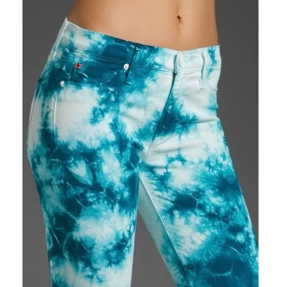Hudson Tie Dye Colorful Marbled Teal Blue White Slim Straight Roll Cuff Jeans