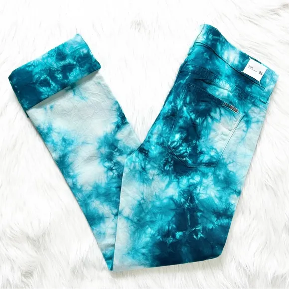 Hudson Tie Dye Colorful Marbled Teal Blue White Slim Straight Roll Cuff Jeans
