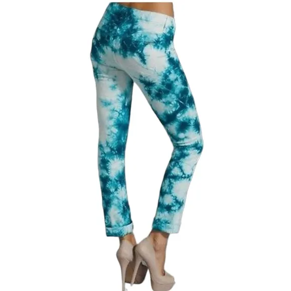 Hudson Tie Dye Colorful Marbled Teal Blue White Slim Straight Roll Cuff Jeans
