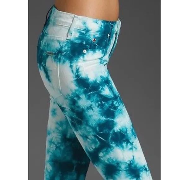 Hudson Tie Dye Colorful Marbled Teal Blue White Slim Straight Roll Cuff Jeans