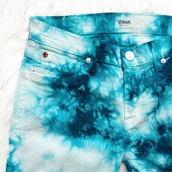 Hudson Tie Dye Colorful Marbled Teal Blue White Slim Straight Roll Cuff Jeans