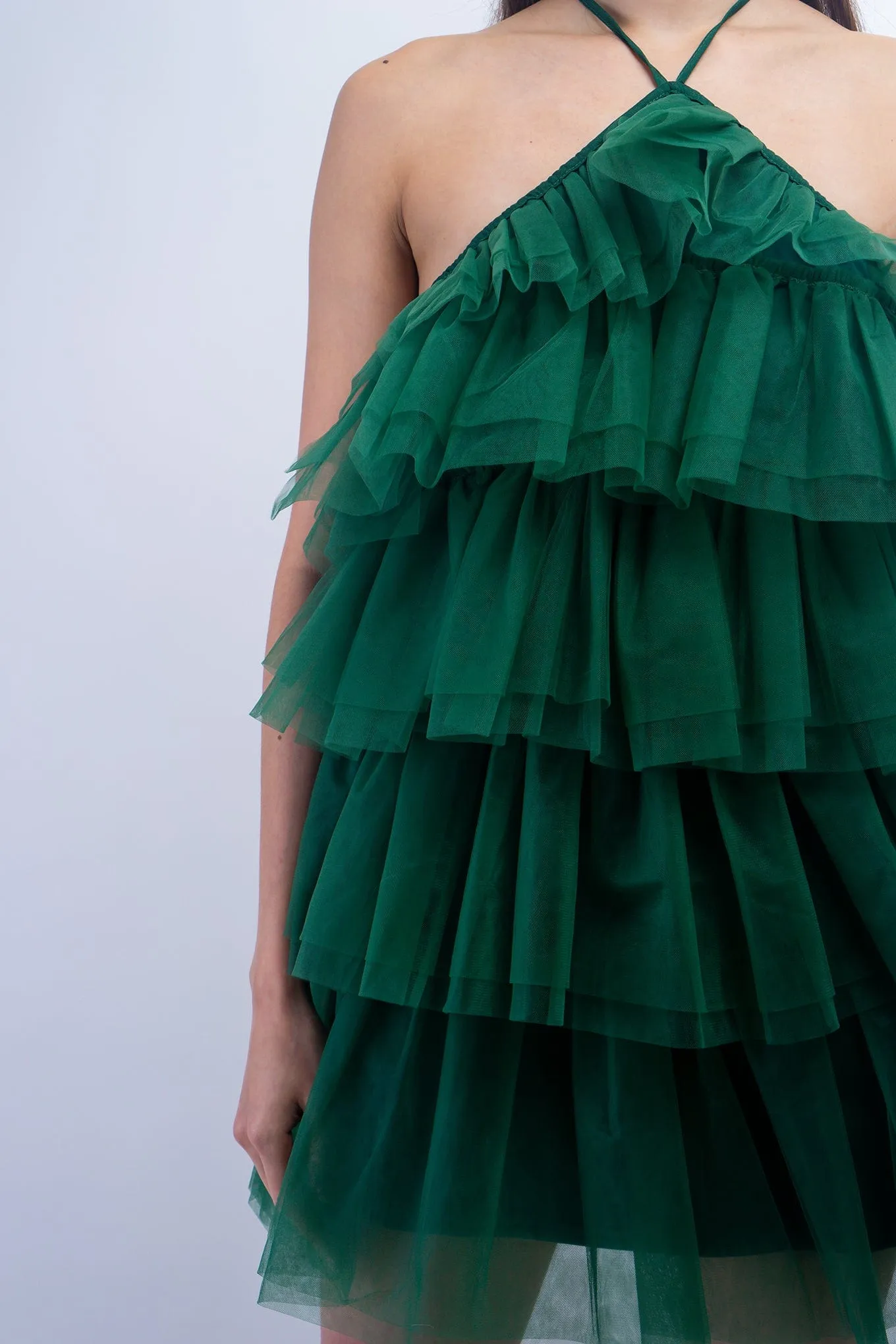 Hunter Green Halter Neck Tulle Ruffle Mini Dress