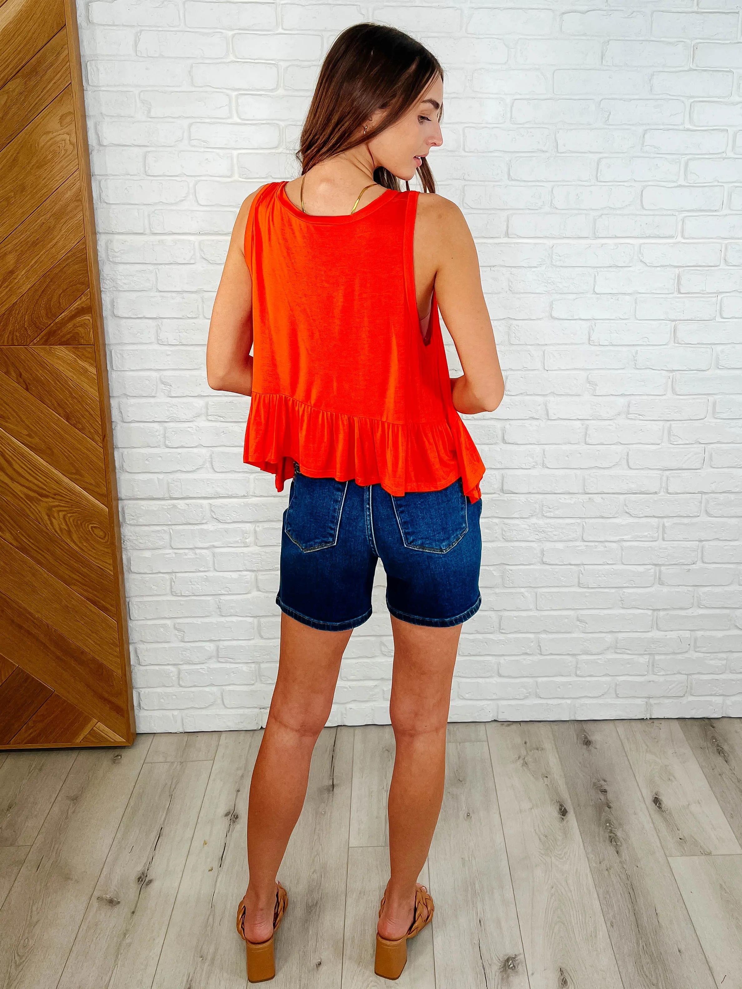 Hyland V-Neck Ruffled Peplum Top in Spicy Orange - Jersey Knit, Sleeveless, A-Line Cut
