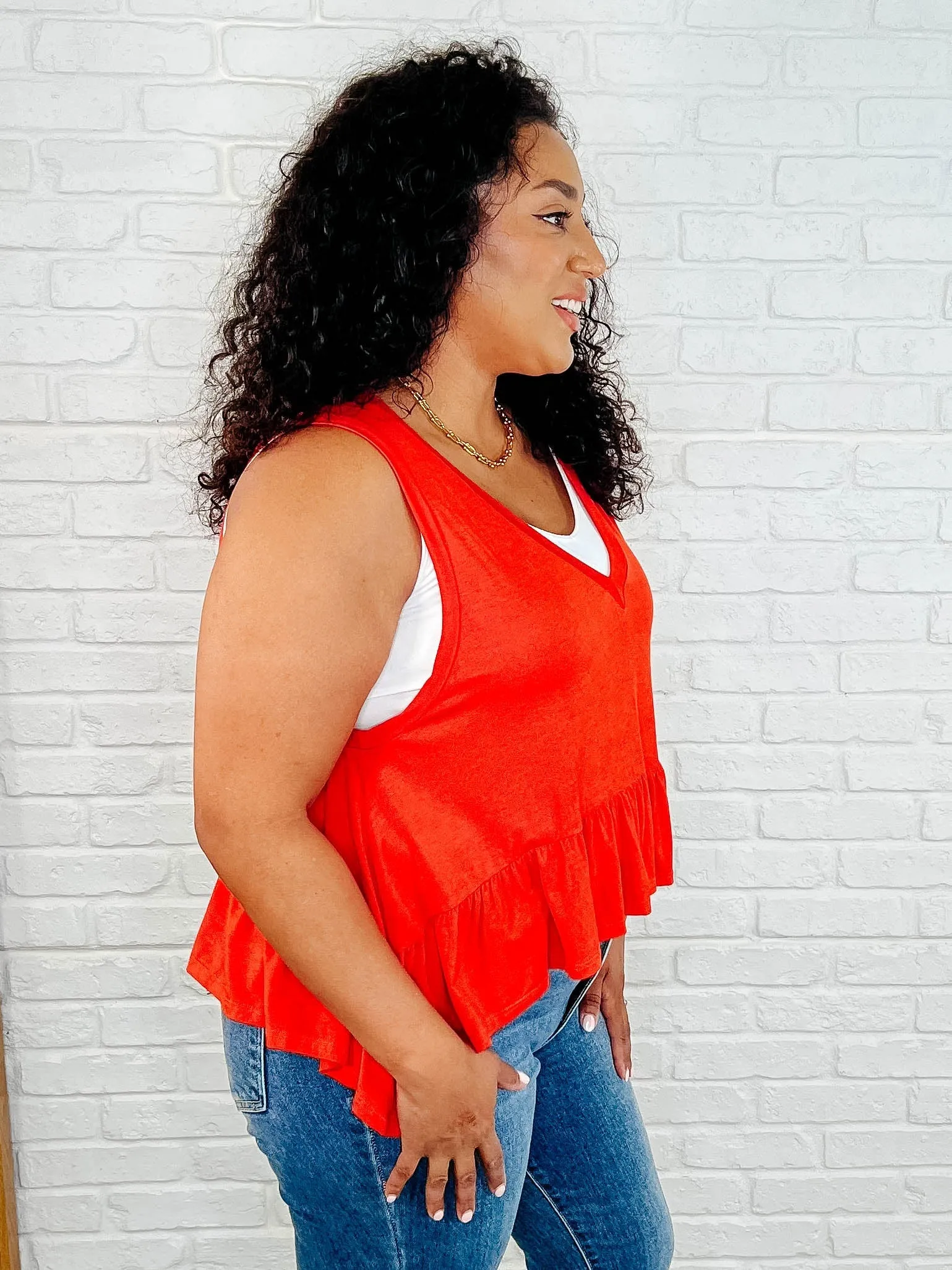 Hyland V-Neck Ruffled Peplum Top in Spicy Orange - Jersey Knit, Sleeveless, A-Line Cut
