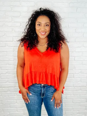 Hyland V-Neck Ruffled Peplum Top in Spicy Orange - Jersey Knit, Sleeveless, A-Line Cut