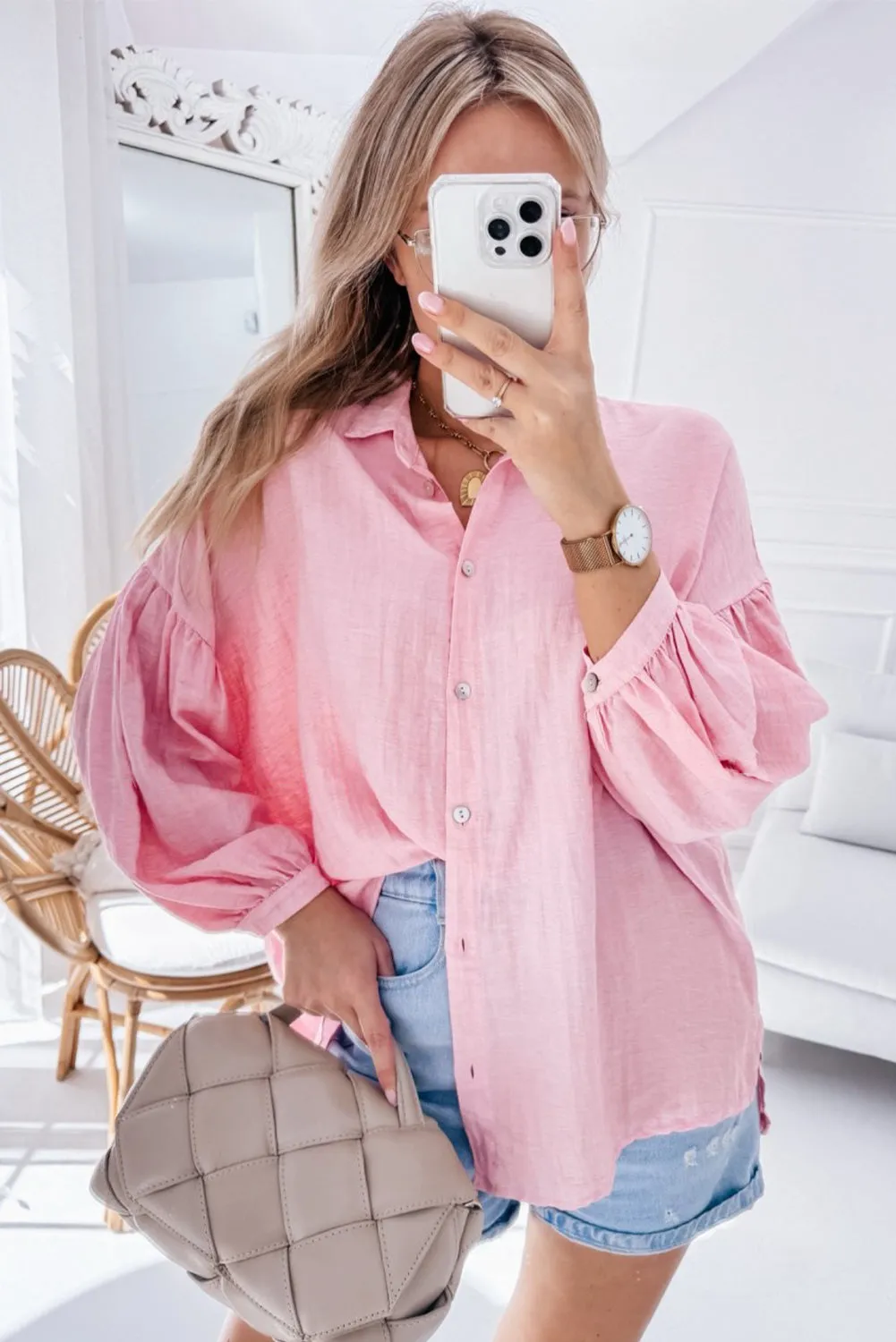 Iceland Blue Solid Ruffled Puff Sleeve Loose Fit Buttoned Shirt
