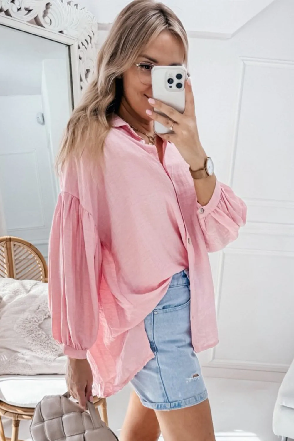 Iceland Blue Solid Ruffled Puff Sleeve Loose Fit Buttoned Shirt