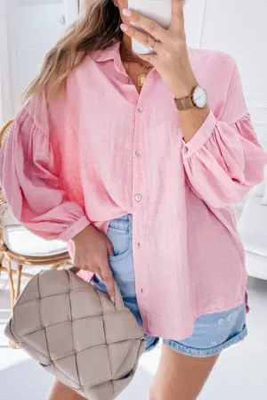 Iceland Blue Solid Ruffled Puff Sleeve Loose Fit Buttoned Shirt