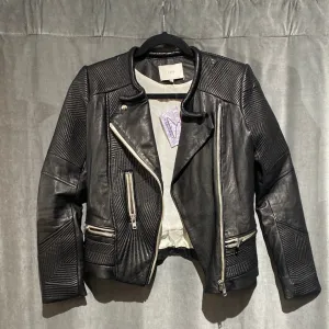 IRO 'EFIA' Black Leather Collarless Jacket with Large Matte Silver Zipper