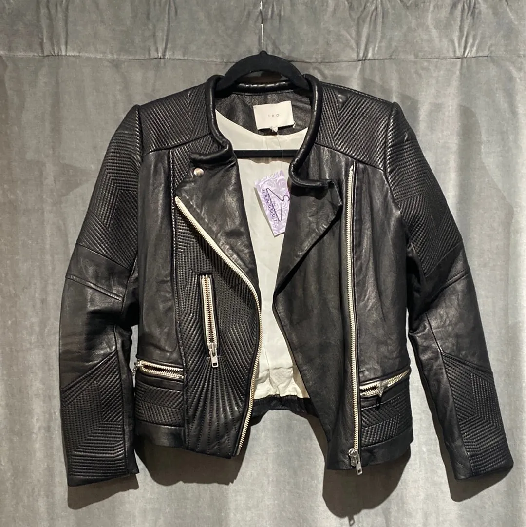 IRO 'EFIA' Black Leather Collarless Jacket with Large Matte Silver Zipper