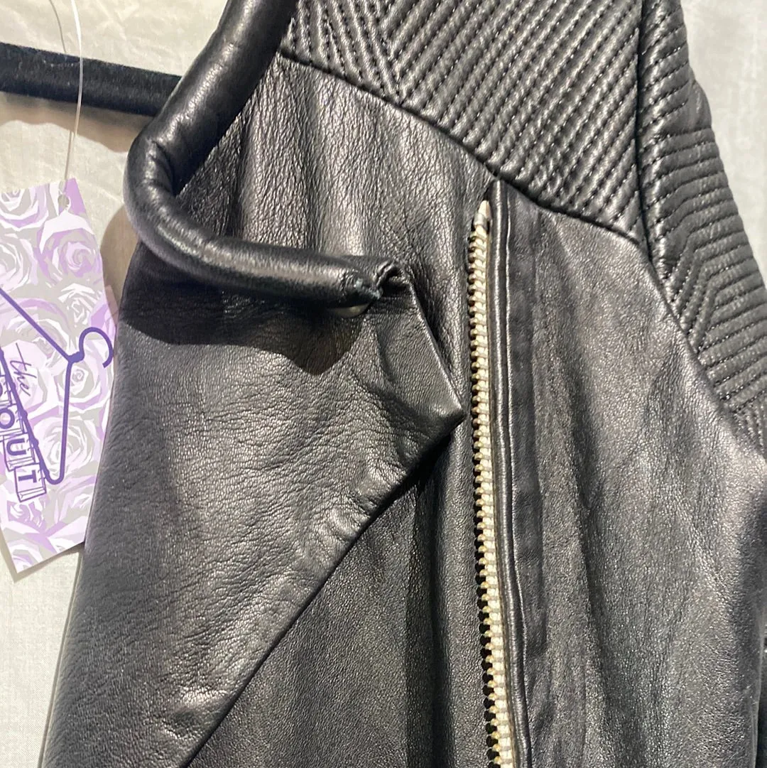 IRO 'EFIA' Black Leather Collarless Jacket with Large Matte Silver Zipper