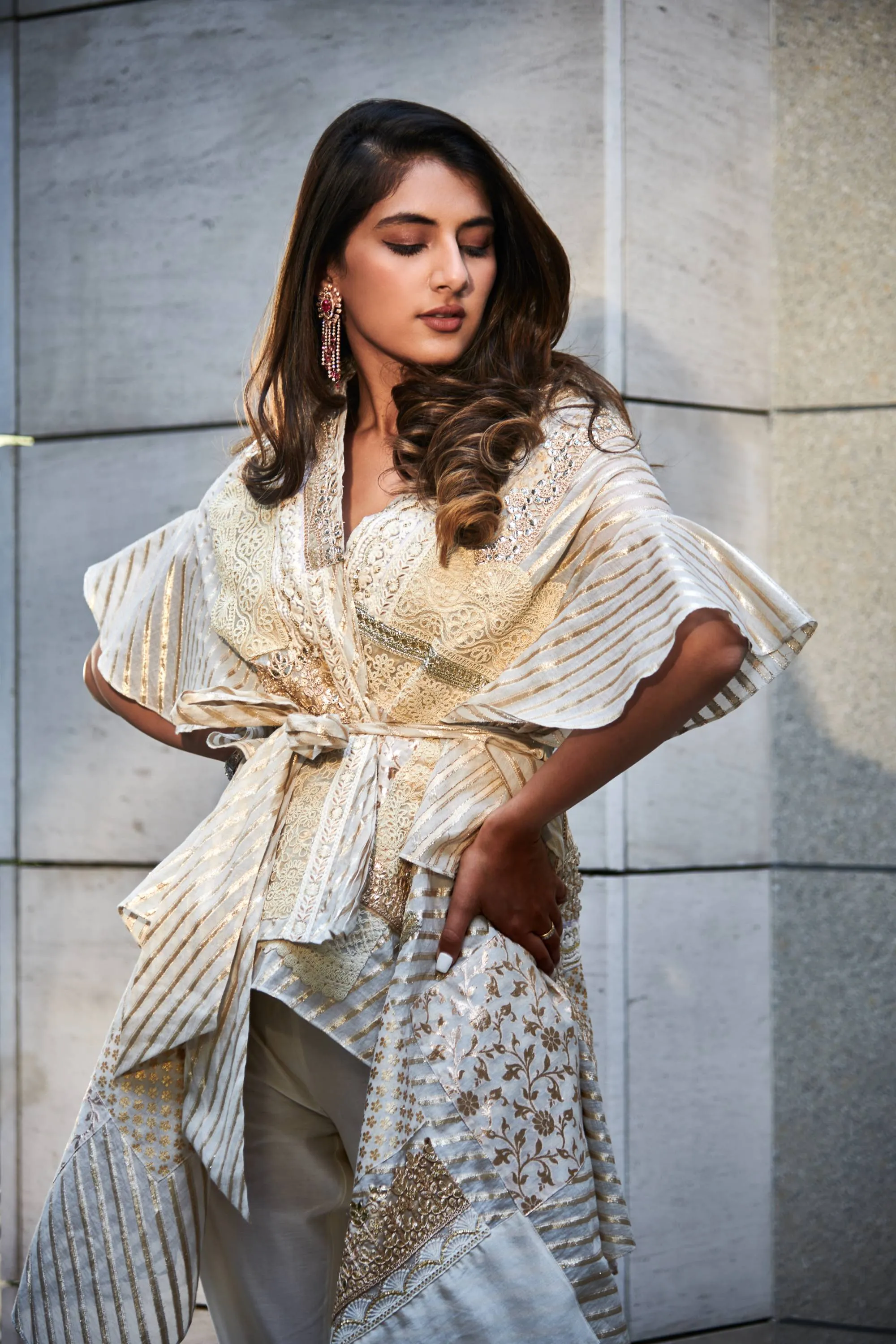 Ivory gold embroidered cape set
