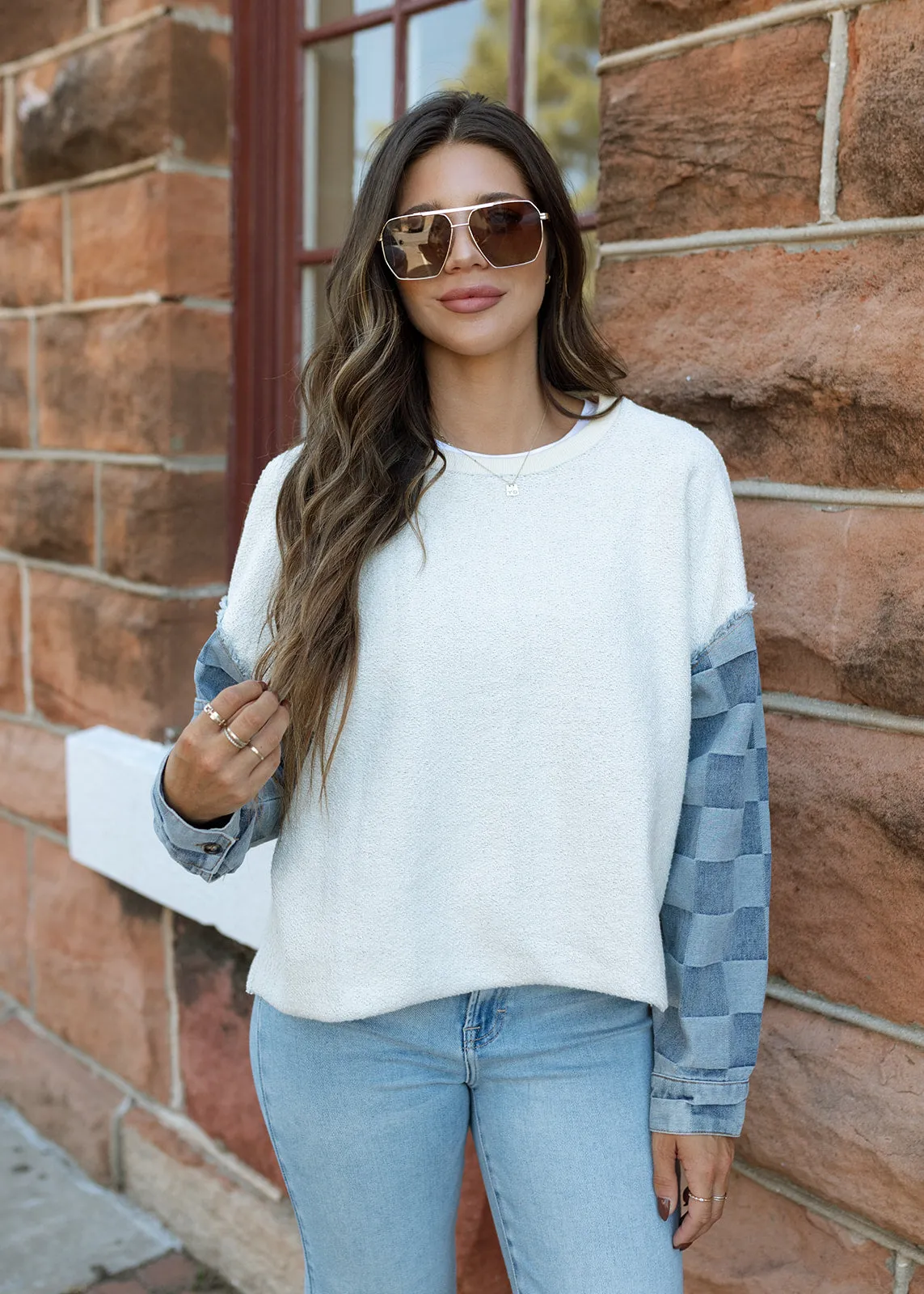 Ivory Terry & Checkered Denim Pullover Top