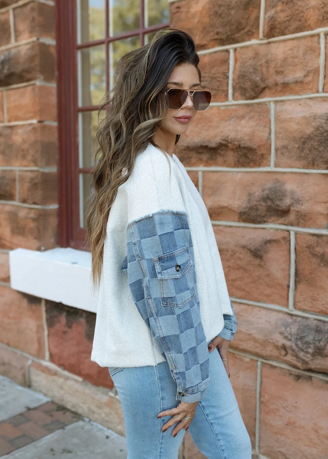 Ivory Terry & Checkered Denim Pullover Top
