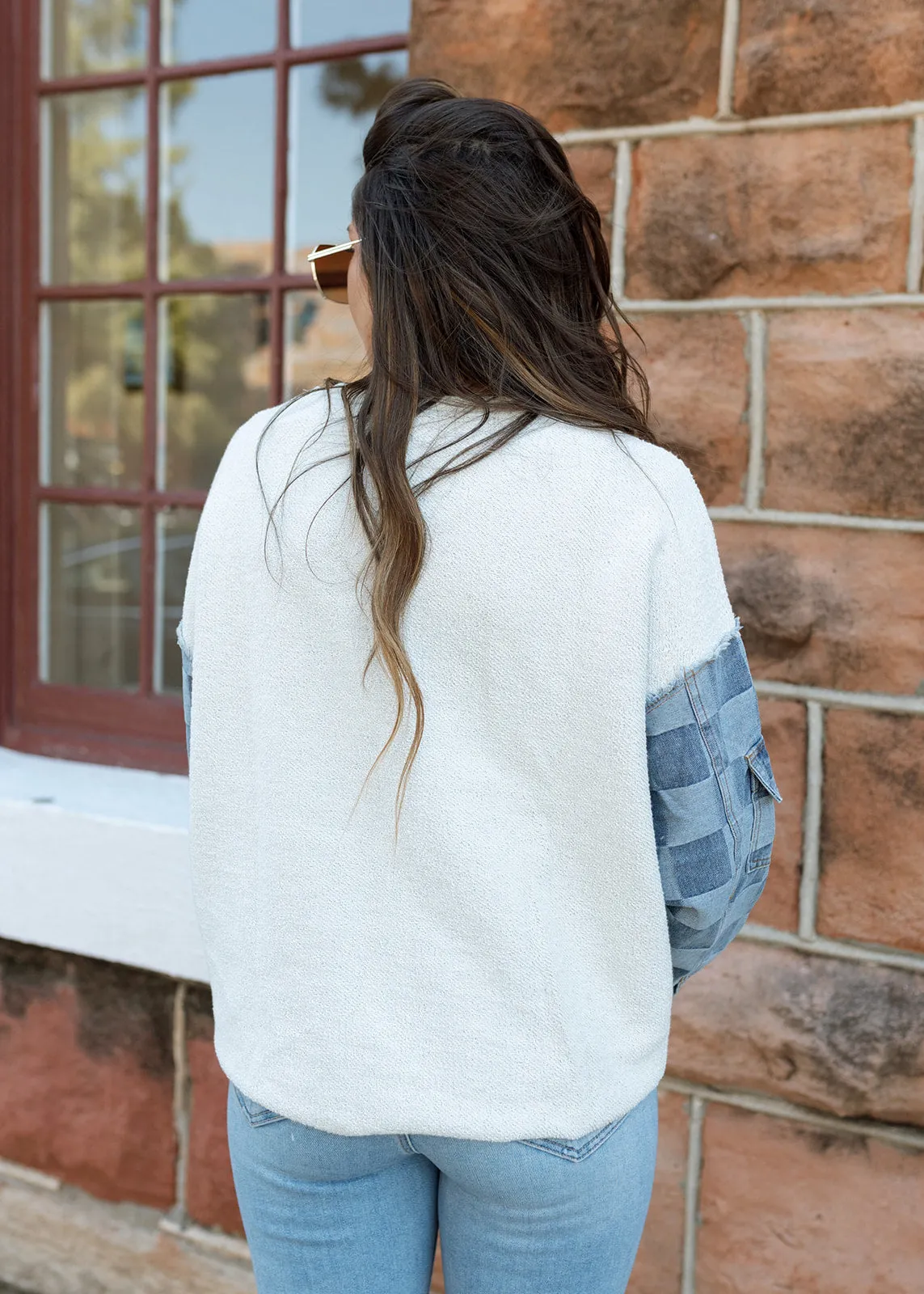 Ivory Terry & Checkered Denim Pullover Top