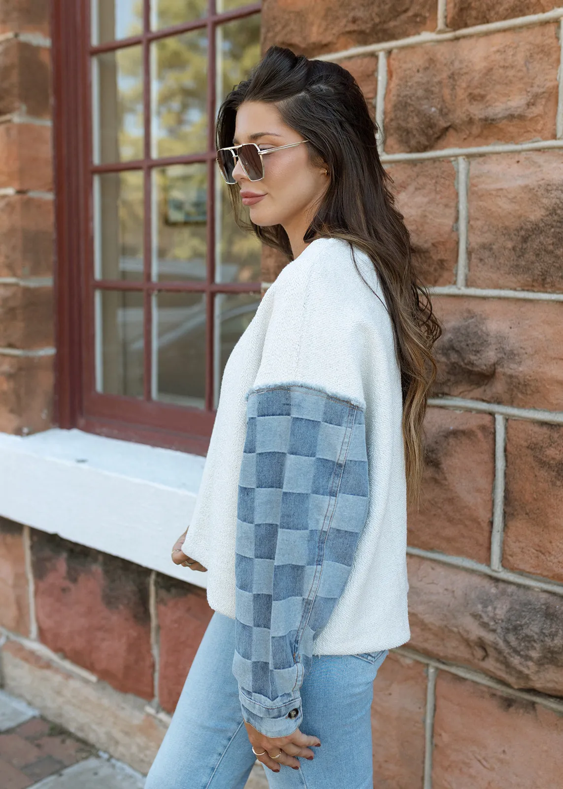 Ivory Terry & Checkered Denim Pullover Top