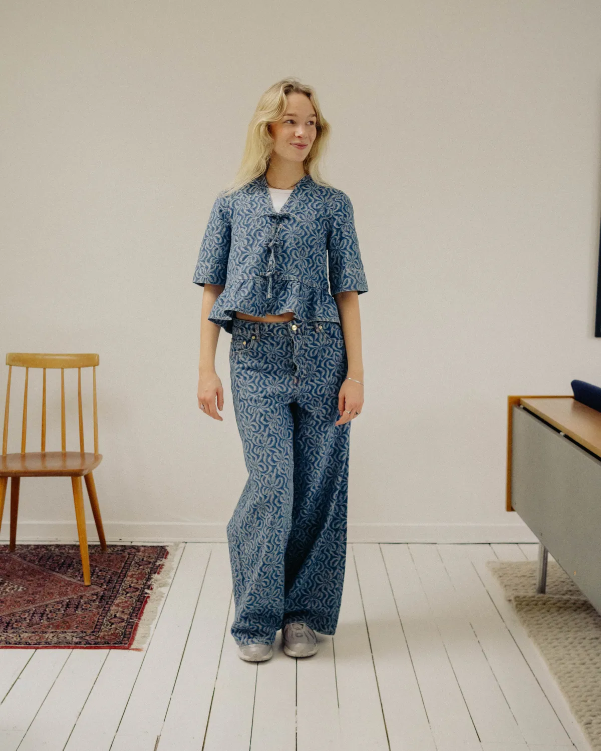 Jacquard Denim Wide Pants - Mid Blue Stone