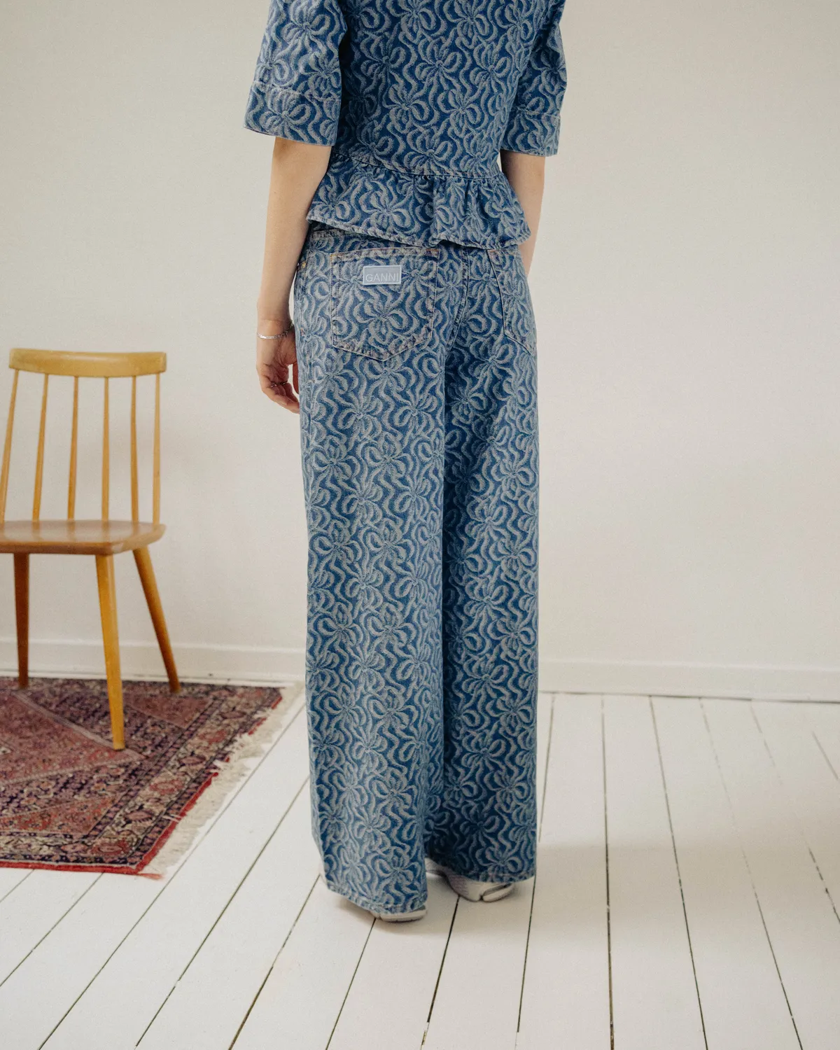 Jacquard Denim Wide Pants - Mid Blue Stone