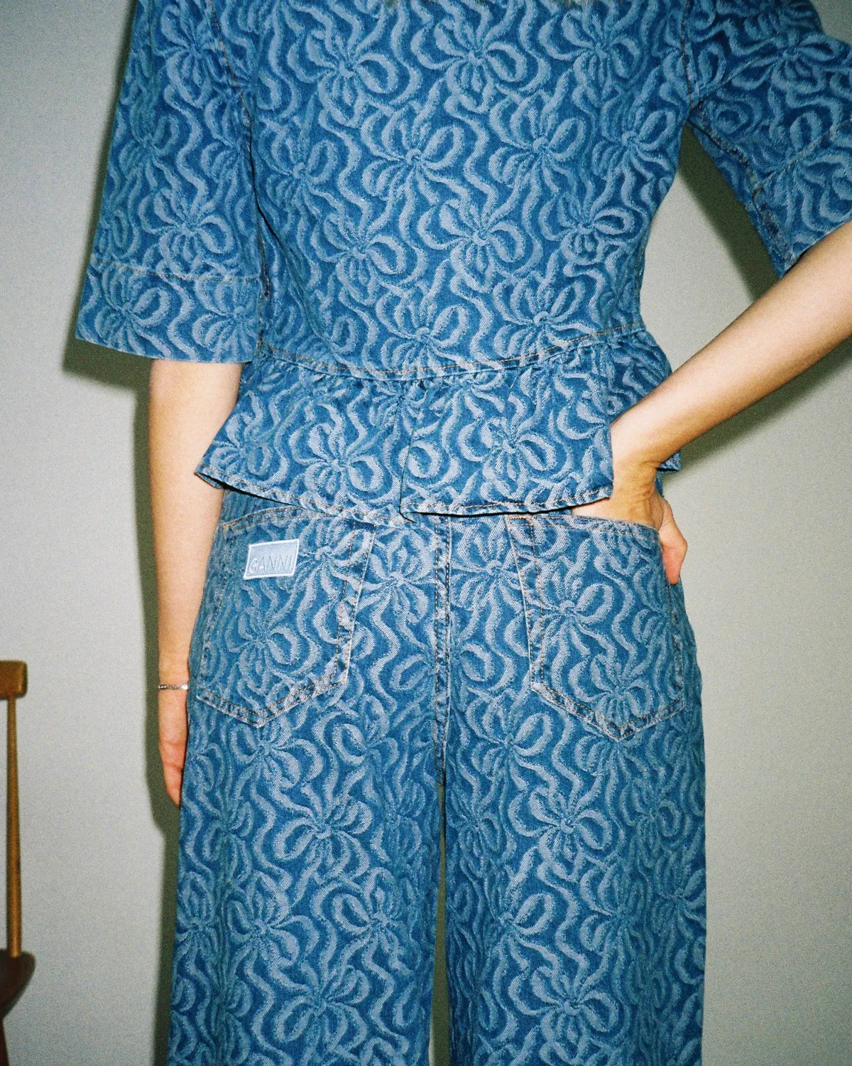 Jacquard Denim Wide Pants - Mid Blue Stone