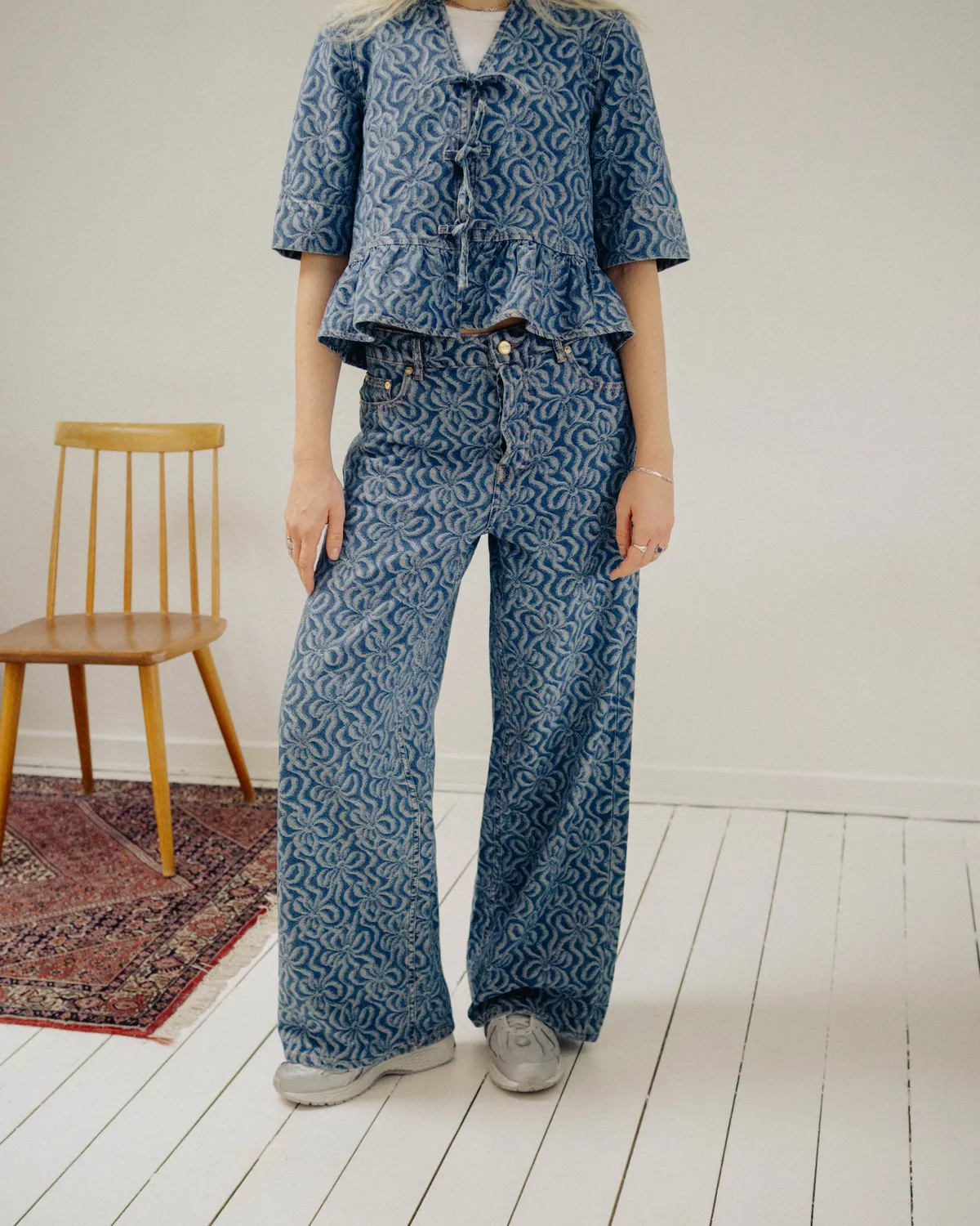 Jacquard Denim Wide Pants - Mid Blue Stone