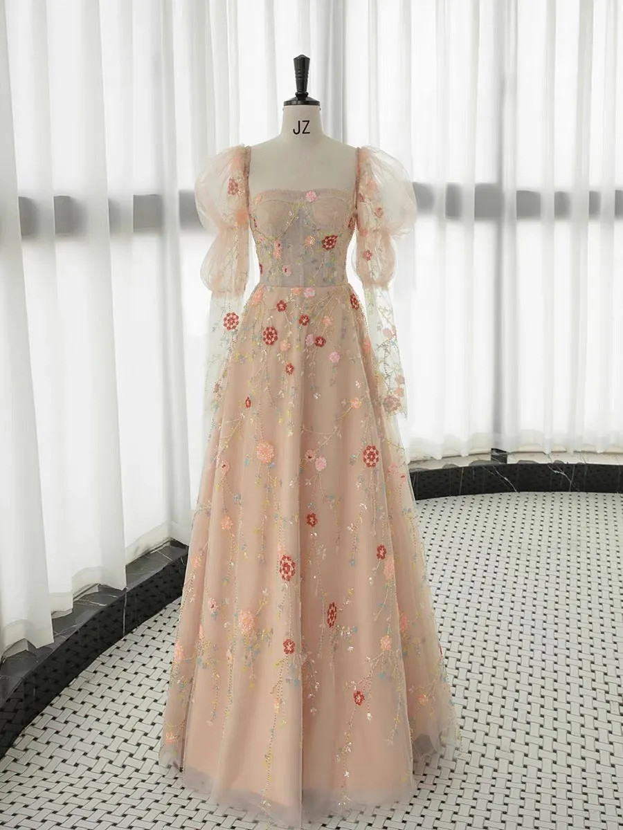 JazzHer Elegant A Line Strapless Neckline Floral Lace Long Prom Dress Evening Dresses (PRE-ORDER)