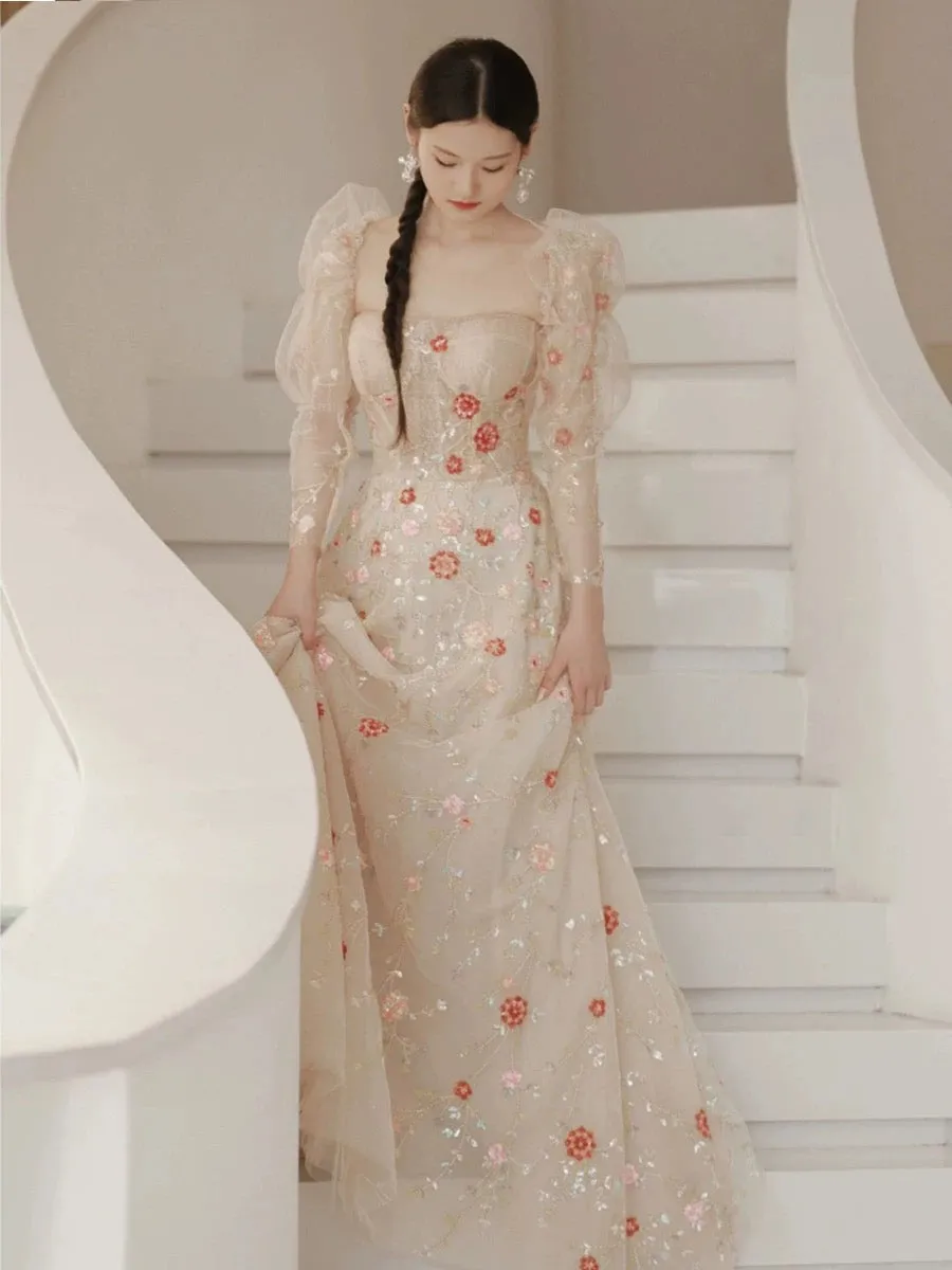 JazzHer Elegant A Line Strapless Neckline Floral Lace Long Prom Dress Evening Dresses (PRE-ORDER)