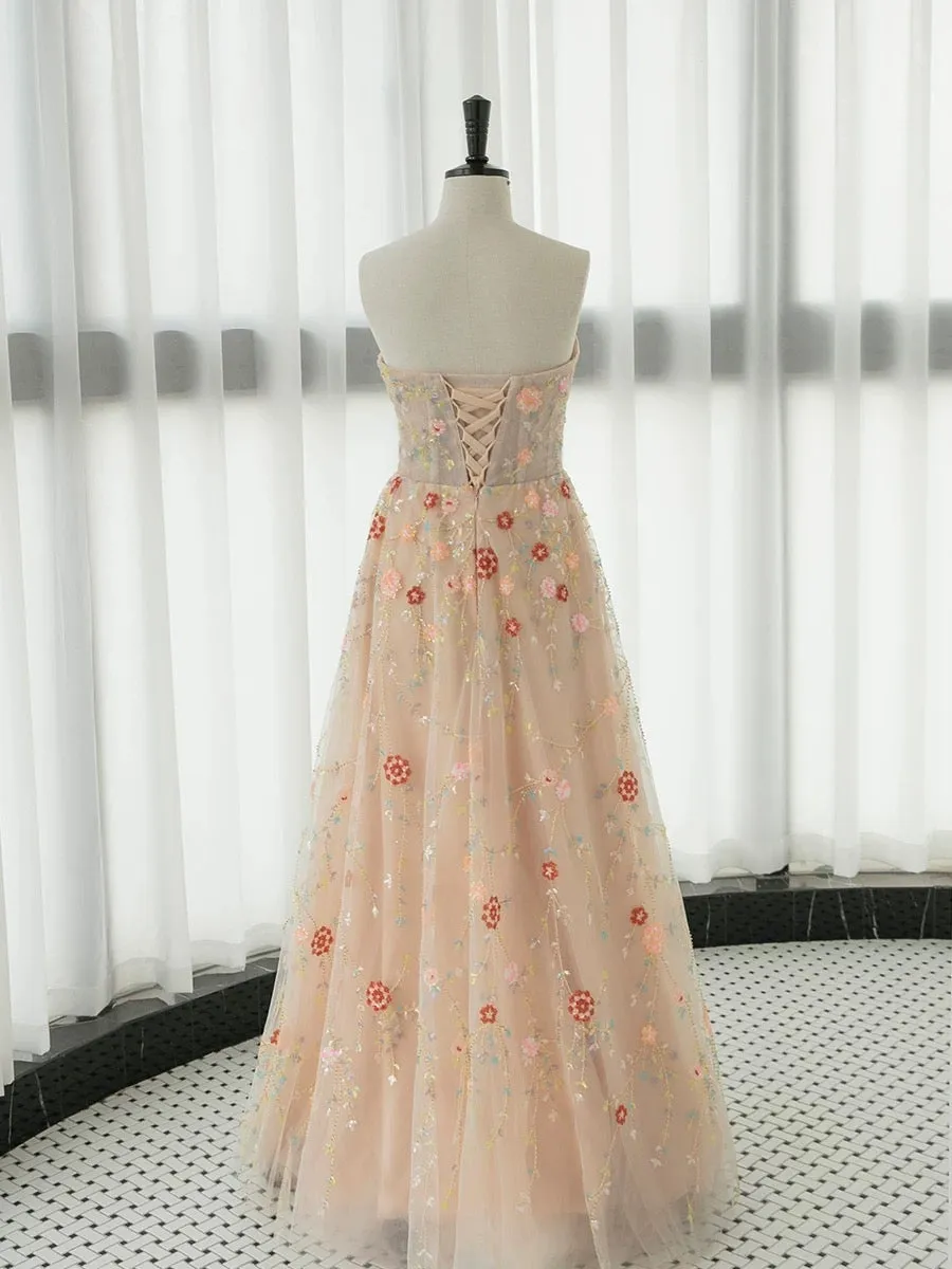 JazzHer Elegant A Line Strapless Neckline Floral Lace Long Prom Dress Evening Dresses (PRE-ORDER)