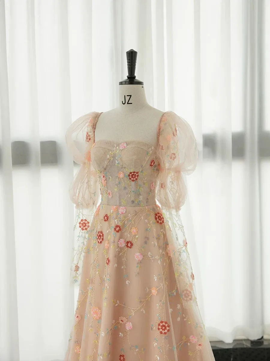 JazzHer Elegant A Line Strapless Neckline Floral Lace Long Prom Dress Evening Dresses (PRE-ORDER)