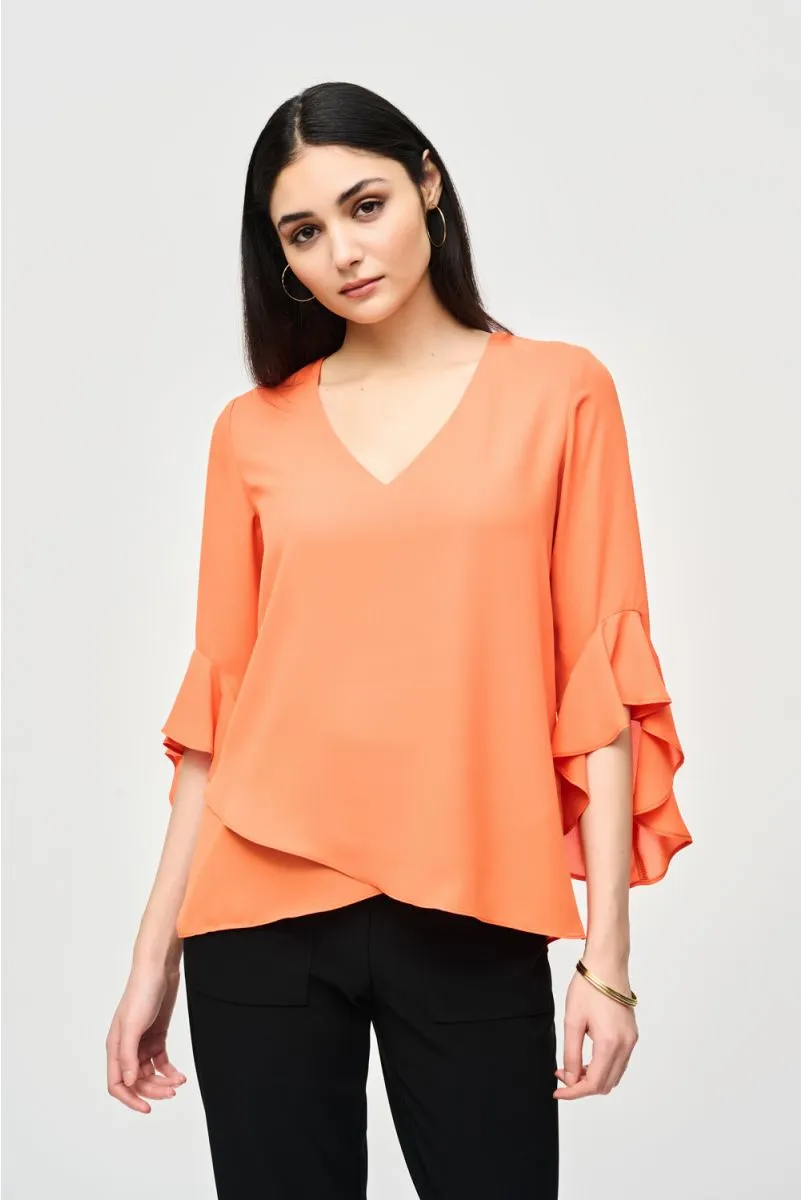 Joseph Ribkoff Wrap Front V-Neck Ruffled 3/4 Sleeve Top 241283