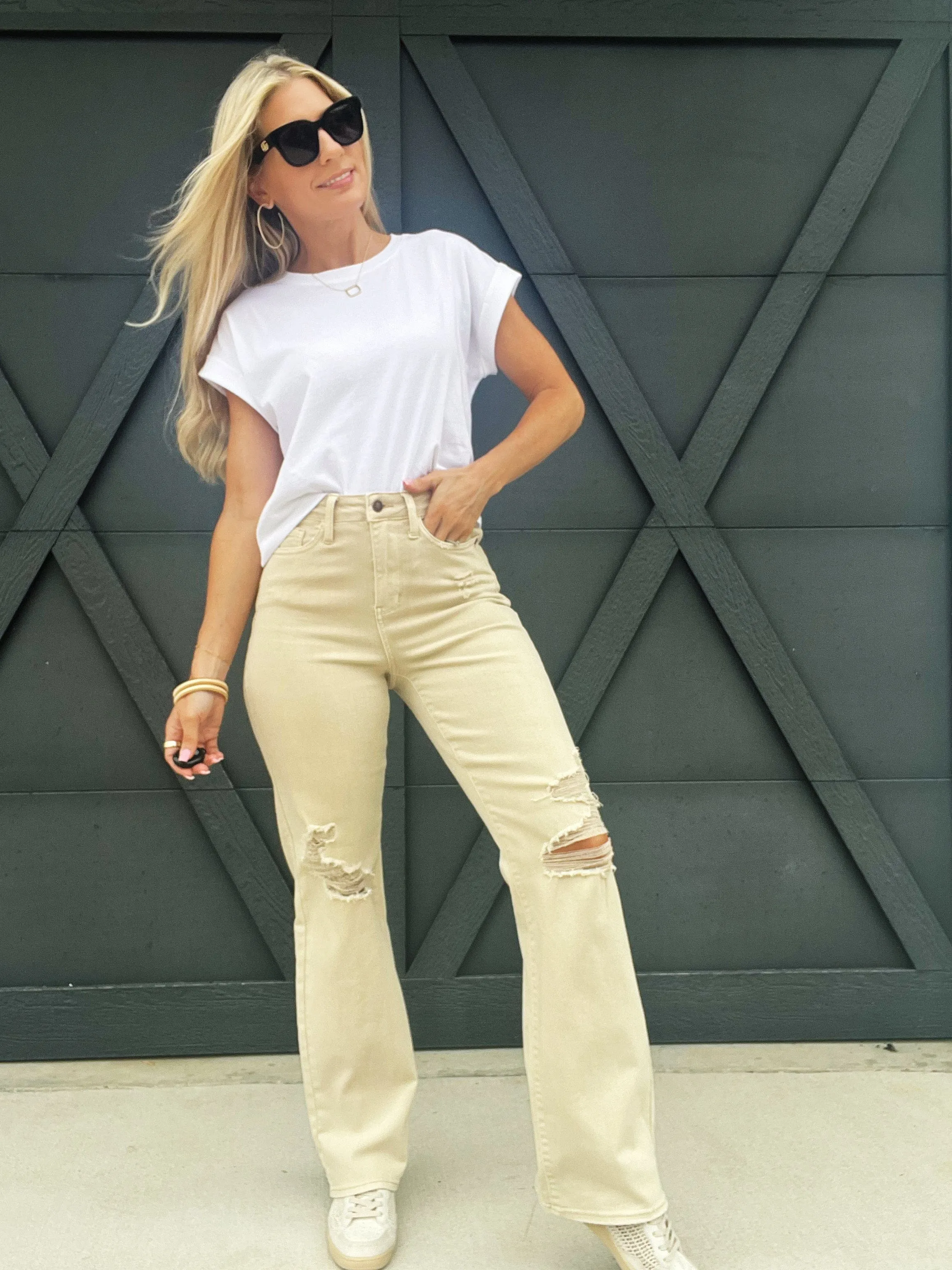 Judy Blue Dyed Destroy 90's Straight Leg Jeans In Bone