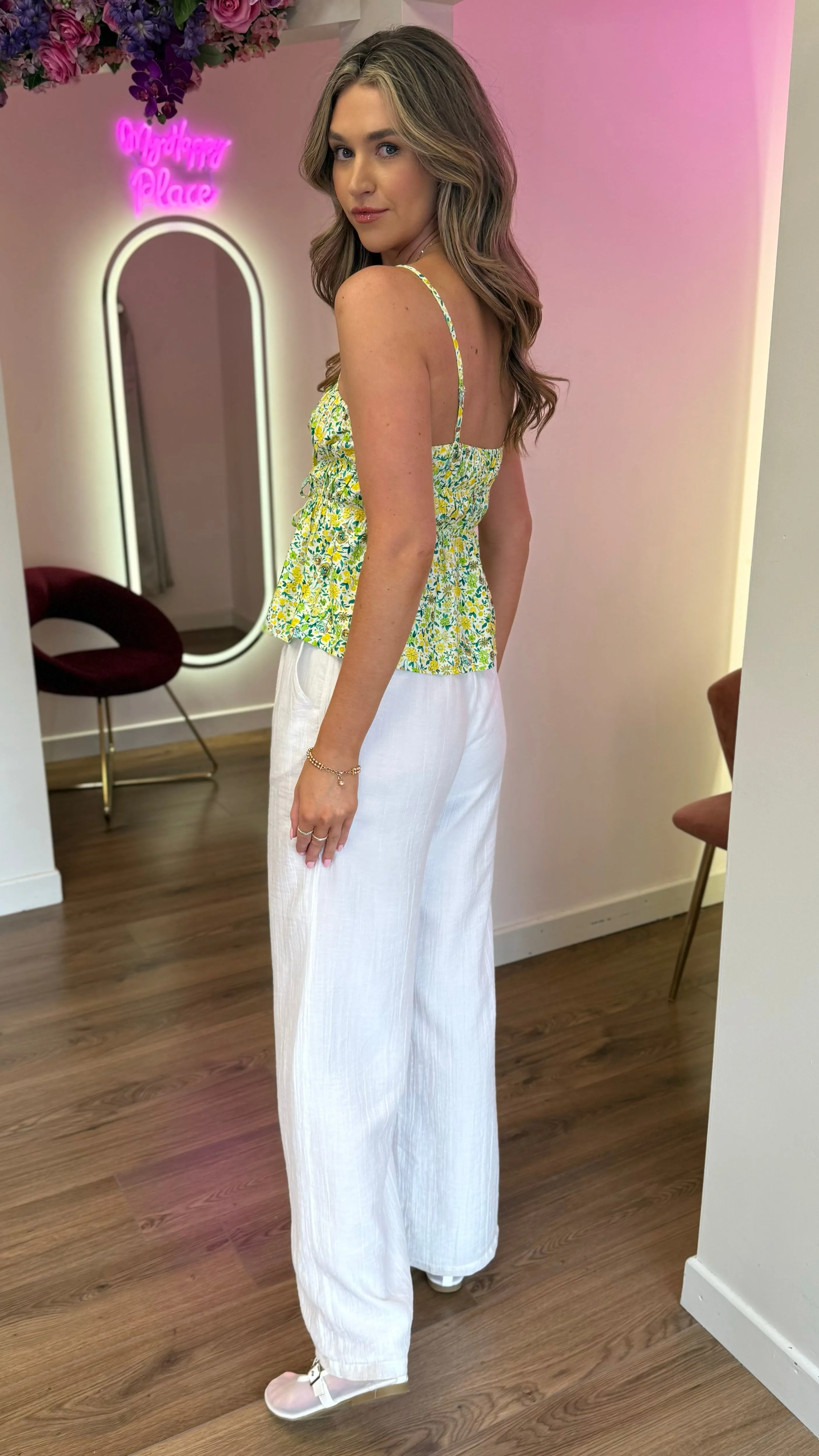 Julie Yellow & Green Floral Printed Cami Strap Tie Detail Top