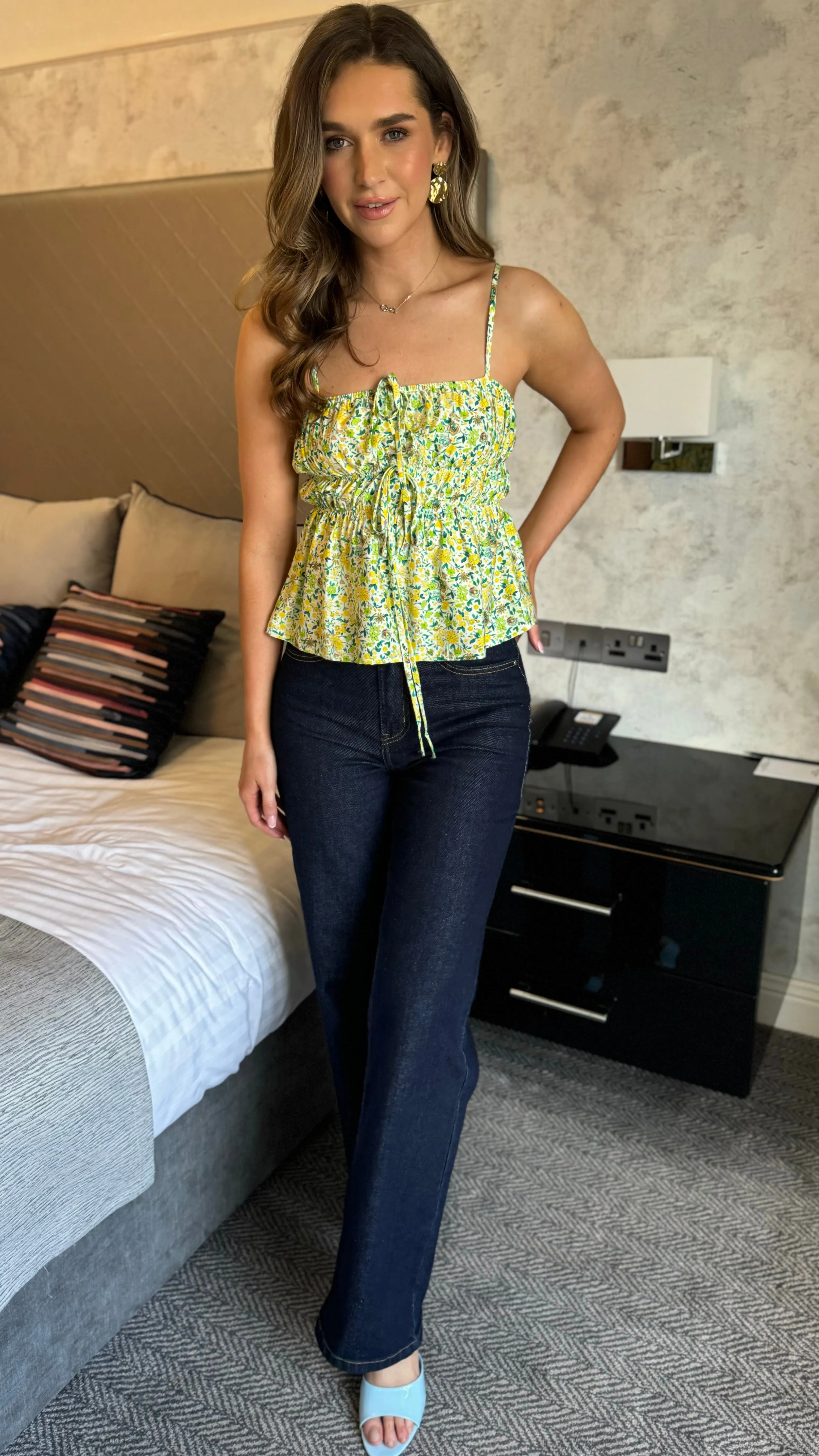 Julie Yellow & Green Floral Printed Cami Strap Tie Detail Top