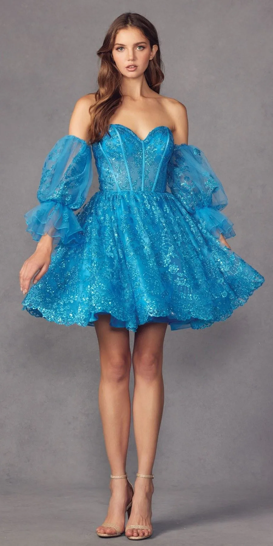 Juliet 895 Short A-Line Glitter Boned Dress Detachable Puff Sleeves