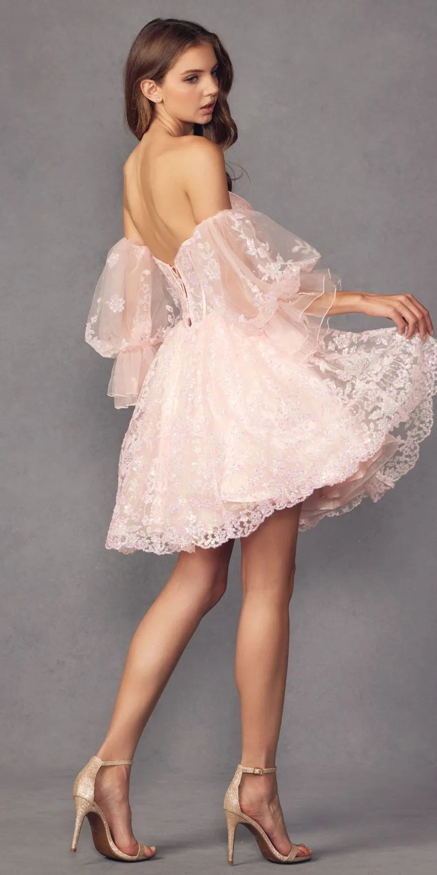 Juliet 895 Short A-Line Glitter Boned Dress Detachable Puff Sleeves