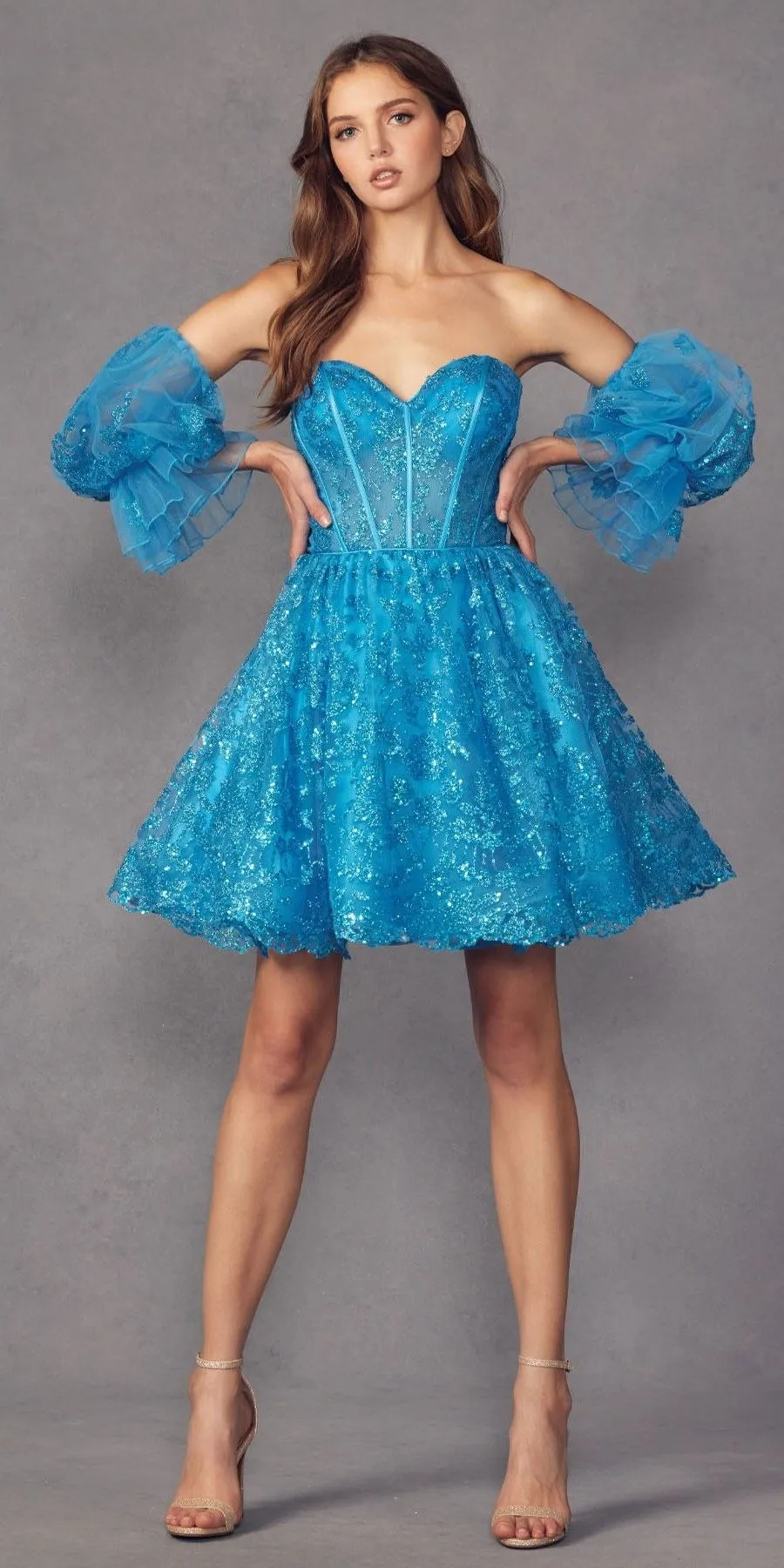 Juliet 895 Short A-Line Glitter Boned Dress Detachable Puff Sleeves