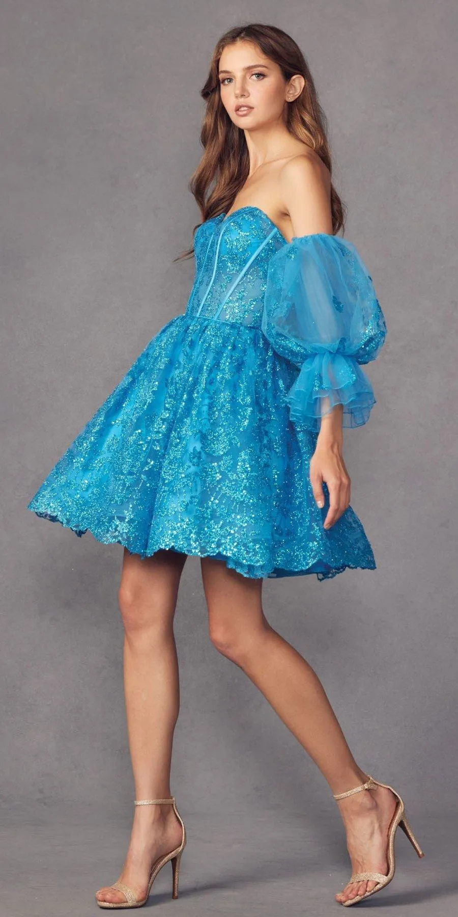 Juliet 895 Short A-Line Glitter Boned Dress Detachable Puff Sleeves