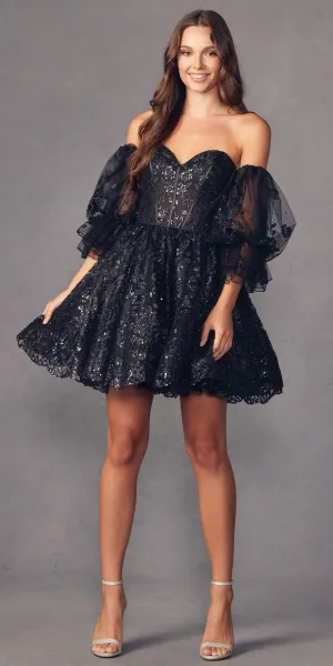 Juliet 895 Short A-Line Glitter Boned Dress Detachable Puff Sleeves