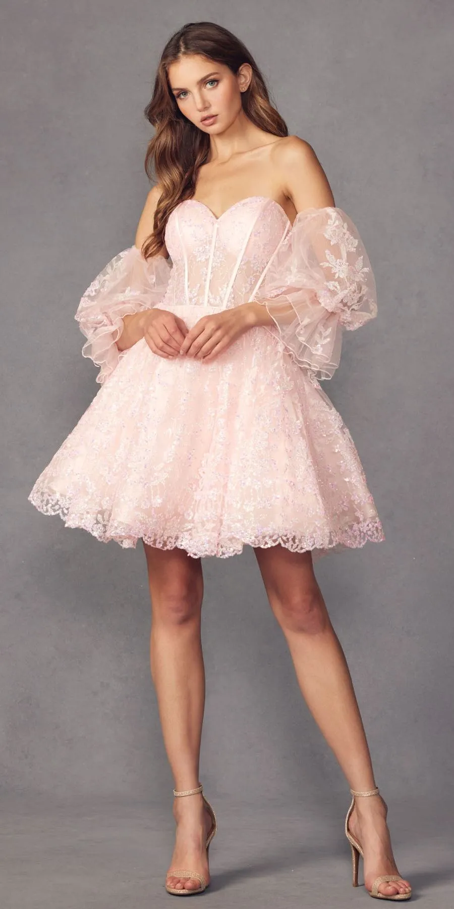 Juliet 895 Short A-Line Glitter Boned Dress Detachable Puff Sleeves